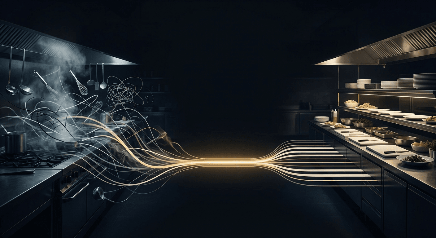 A chef plating a dish in a professional kitchen